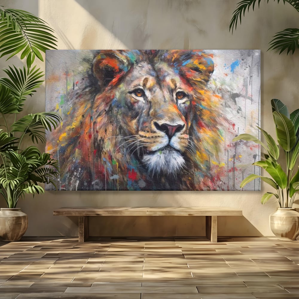 Tablou canvas cu tablou canvas cu leu colorat, fara rama, pe sasiu de lemn
